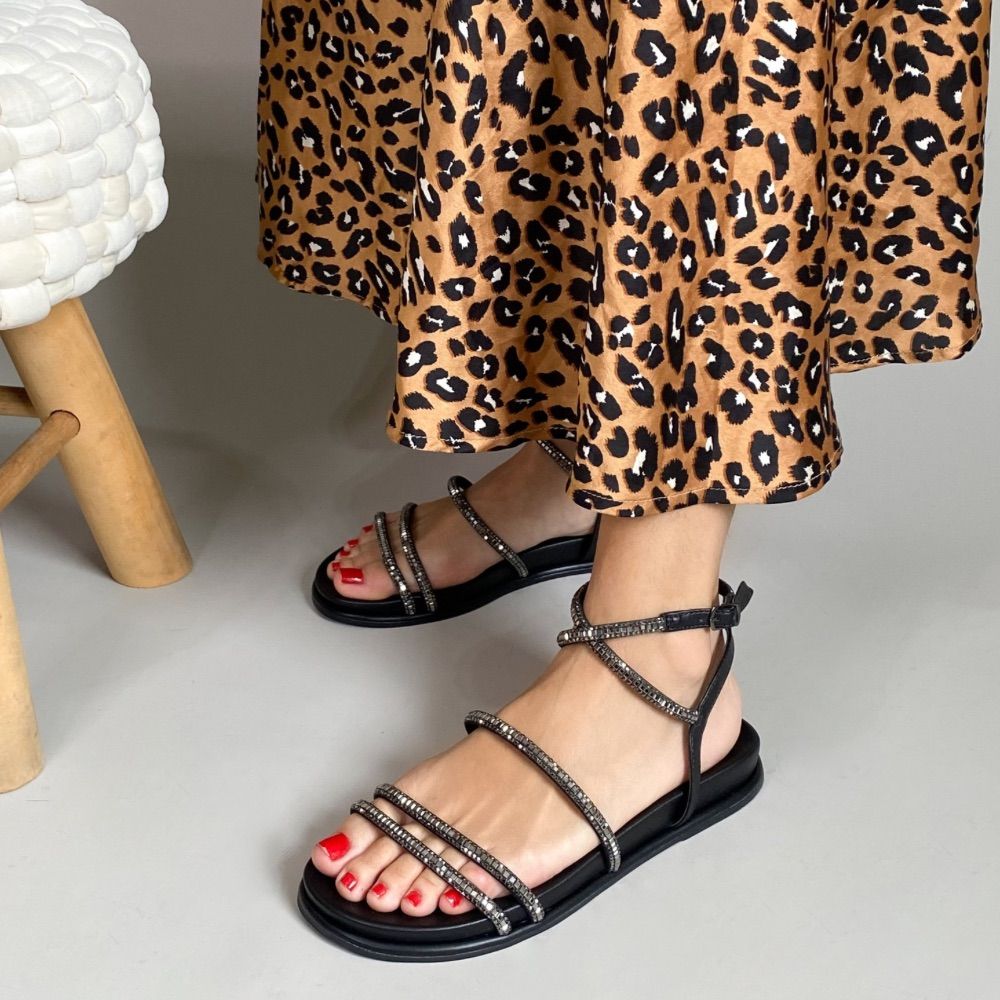 SANDÁLIA RASTEIRA ZABUMBA TIRAS STRASS PRETA FEMININA