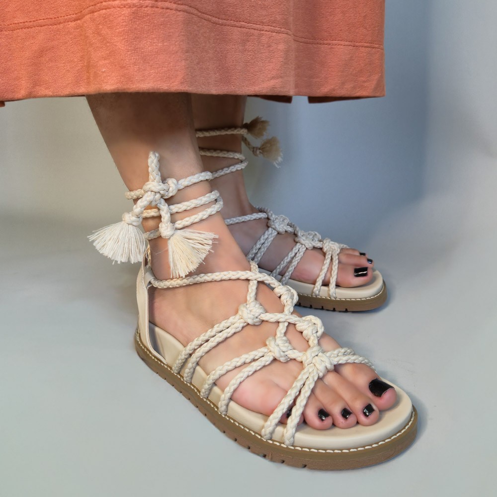 SANDÁLIA RASTEIRA ZABUMBA BIRKEN CORDA OFF WHITE FEMININA